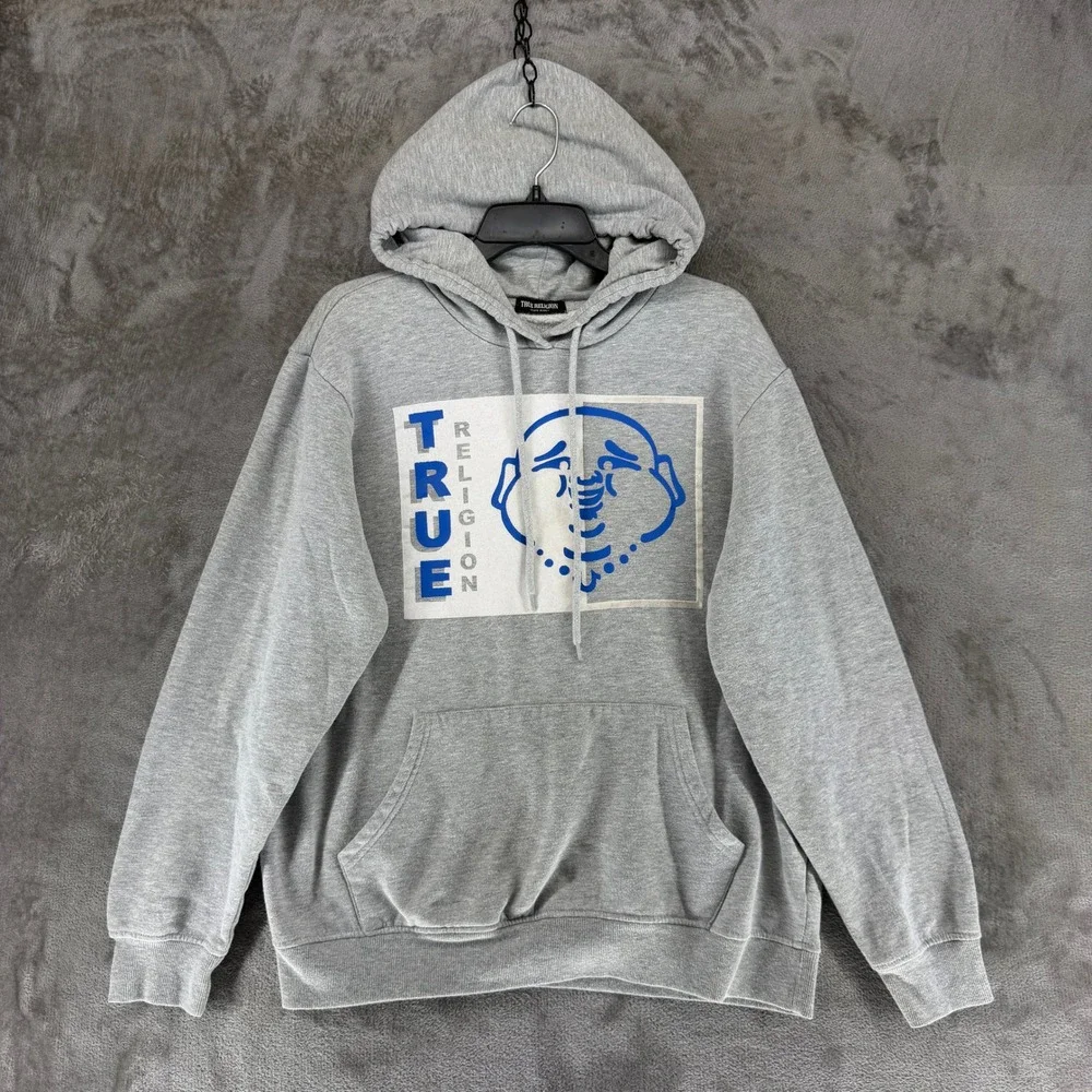 True Religion Hoodie Mens L Rect Two Tone Gray Buddha Graphic EUC